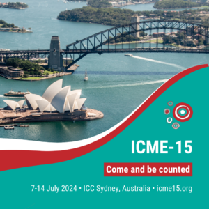 A graphical social media image. A photo of Sydney Harbour is in the background. The ICME-15 logo is in the foreground, and the text reads "ICME-15: Come and be counted. 7-14 July 2023, ICC Sydney Australia, icme15.org."  The image can be clicked to download a locally-saved copy.