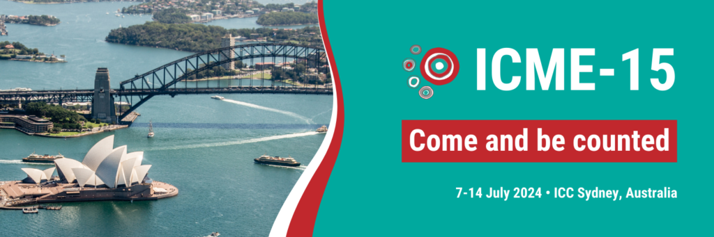 A graphical banner stretches across the screen. On the left of the banner, a photograph of Sydney harbour is displayed. The Sydney Opera House is in the foreground, and the Sydney Harbour bridge is in the background. On the right of the banner, text reads "ICME-15: Come and be counted. 7-14 July 2024, ICC Sydney, Australia".