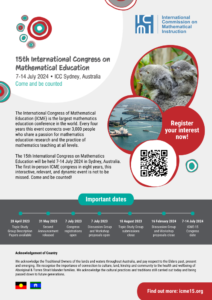 An image of the ICME-15 A4 flyer. The image can be clicked to download a locally-saved copy.